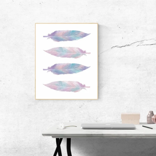 Feather poster 079 - Graphic design featuring four pastel-colored feathers on a white background.