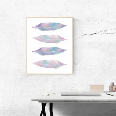 Feather poster 079 - Graphic design featuring four pastel-colored feathers on a white background.