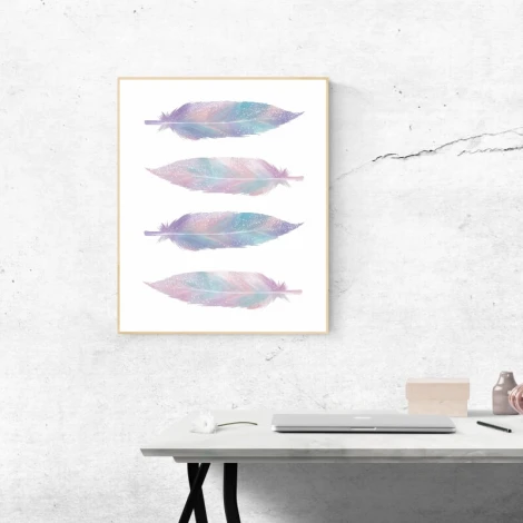 Feather poster 079 - Graphic design featuring four pastel-colored feathers on a white background.