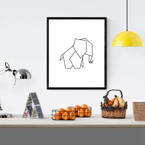 Elephant poster 074 - Kitchen decor with white walls and gray furniture.