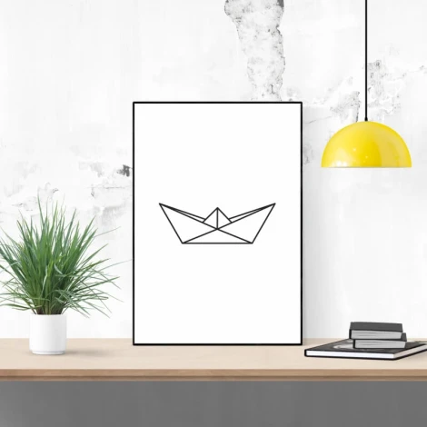 Ship Poster 075 - Simple line art of a paper boat on a white background.