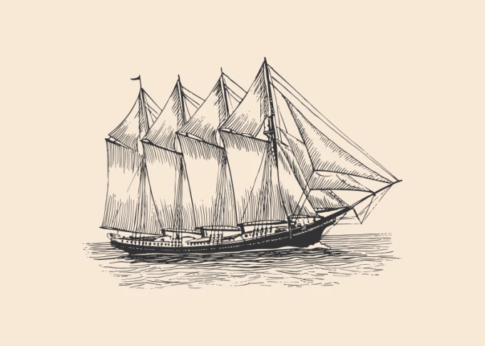 Ship poster 086 - Graphic design. A ship with large sails against a backdrop of rippling water.