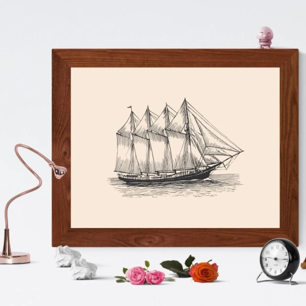 Poster Ship 086 - Graphic design featuring a five-masted ship on a light background with decorative elements.