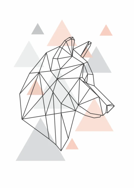 Wolf Poster 052 - Graphic design featuring a 3D mesh outline of a wolf and triangles in various shades.