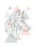 Wolf Poster 052 - Graphic design featuring a 3D mesh outline of a wolf and triangles in various shades.
