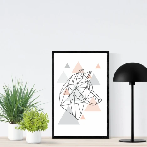 Wolf Poster 052 - Graphic design featuring a geometric silhouette of a black wolf surrounded by gray triangles.