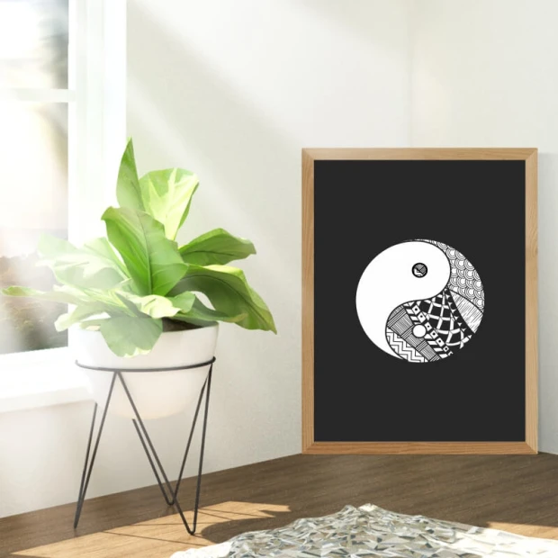 Yin Yang 057 poster - Room setup with light-colored walls and a potted plant by the window.