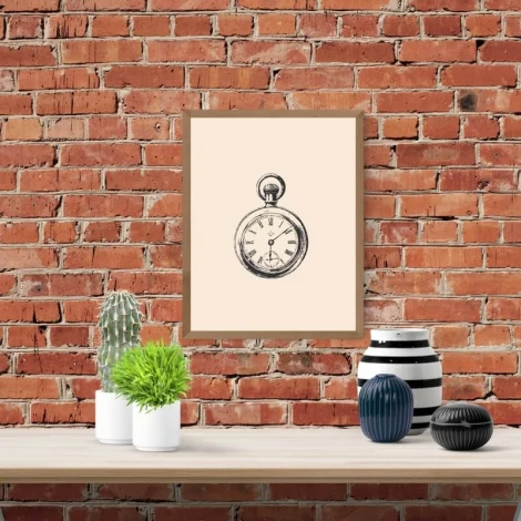 Clock poster 083 - Living room setup. Brick wall, wooden shelf, plants, and various vessels.
