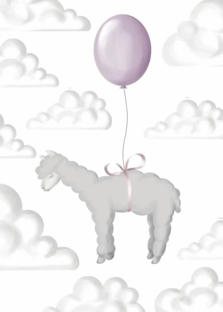 Alpaca poster 100 - Graphic design. An alpaca in the clouds floats on a pink ribbon with a balloon.