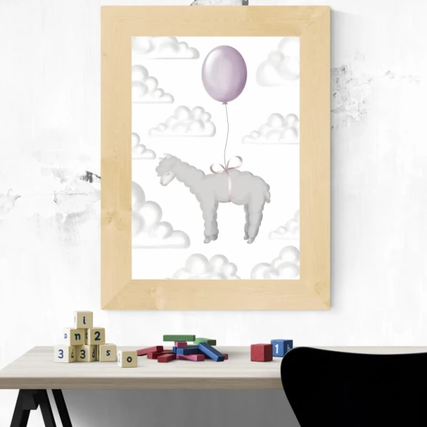 Alpaca poster 100 - Graphic design. An alpaca floats on a balloon among clouds on a white background.