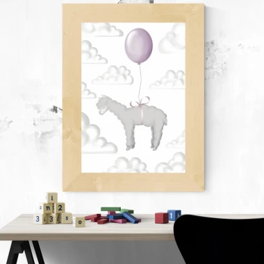 Alpaca poster 100 - Graphic design. An alpaca floats on a balloon among clouds on a white background.