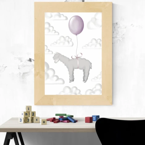 Alpaca poster 100 - Graphic design. An alpaca floats on a balloon among clouds on a white background.