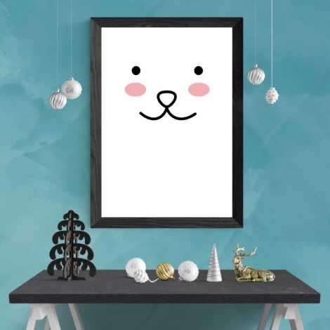 Smiley face poster 128 - Styled in a room with light-colored walls, a table with decorations, and a poster frame.