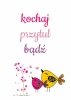 Love, hug, be poster 135 - Graphic design. White background with text in shades of pink and bird illustrations.