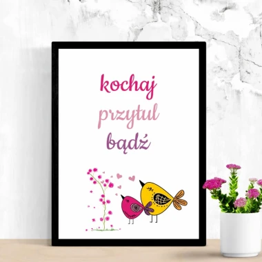 Love, hug, be poster 135 - Graphic design with colorful birds and flowers on a white background.