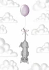 Poster Cat 099 - Graphic design. Gray cat hanging on a pink balloon among white clouds.