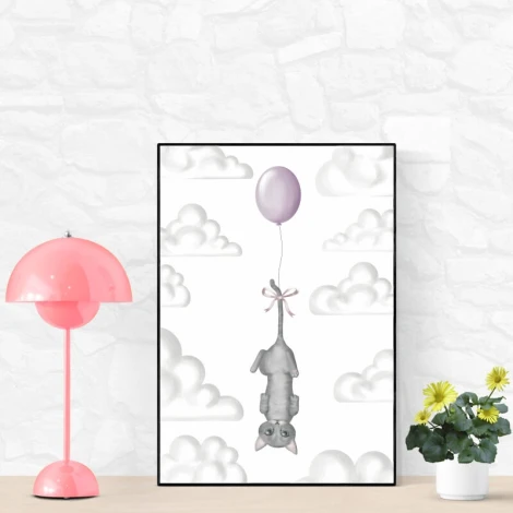 Cat poster 099 - Living room setup with light-colored walls, modern furniture, and plants.