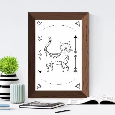 Cat poster 126 - Graphic design. Cartoon-style cat with geometric patterns and arrows.