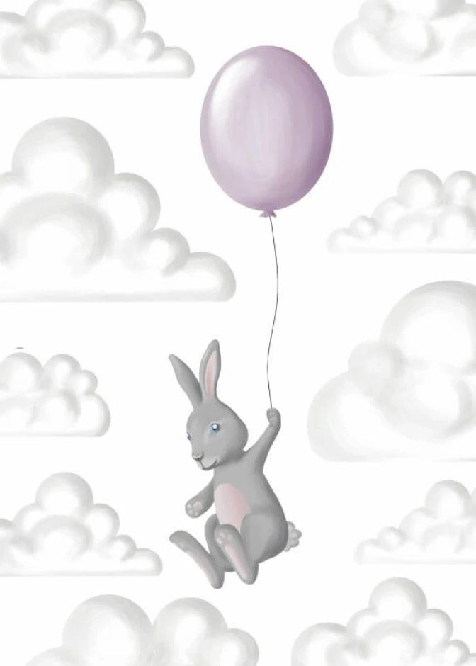 Rabbit poster 101 - Graphic design. Rabbit holding a balloon, surrounded by pastel-colored clouds.