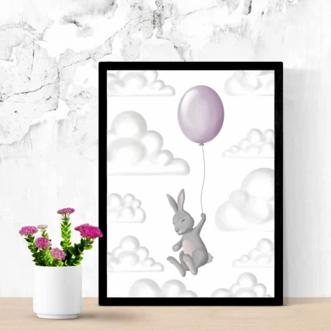 Rabbit poster 101 - Graphic design. Rabbit holding a balloon in the clouds on a white background.