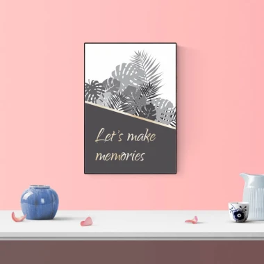 Poster "Let\'s Make Memories 122" - Living room setup with pink walls and a table featuring blue ceramics.