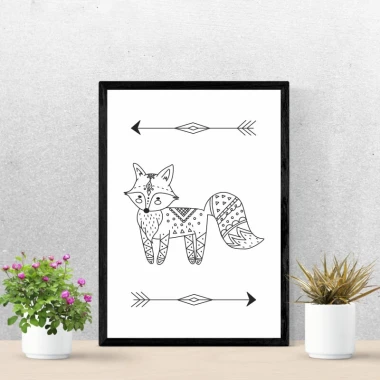 Fox poster 094 - Graphic design featuring a fox with geometric patterns and arrows on the sides.