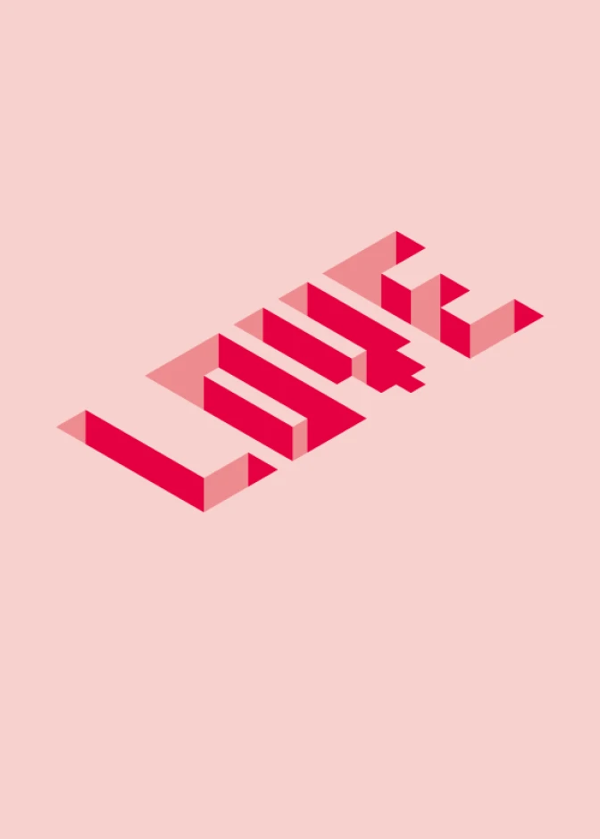 Love 138 Poster - Graphic design with red letters on a light background spelling "Love" in various shades.