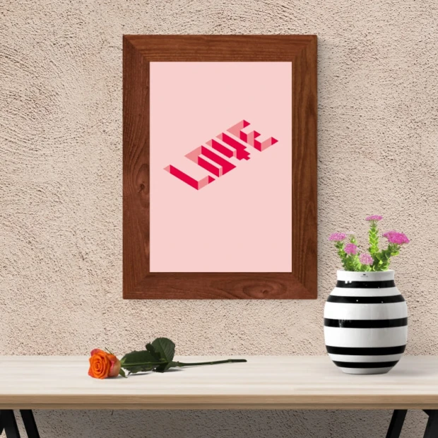 Love 138 Poster - Graphic design with pink 3D letters on a light background.