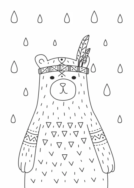 Bear poster 098 - Graphic design featuring a bear with a feather on its head, surrounded by raindrops and geometric patterns.