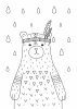 Bear poster 098 - Graphic design featuring a bear with a feather on its head, surrounded by raindrops and geometric patterns.