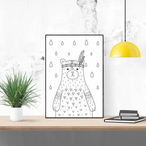 Bear poster 098 - Graphic design featuring a bear with a feather on its head, surrounded by raindrops.
