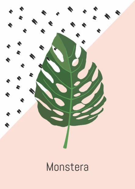 Monstera Poster 115 - Graphic design. Green monstera leaf on pink background with small black patterns.