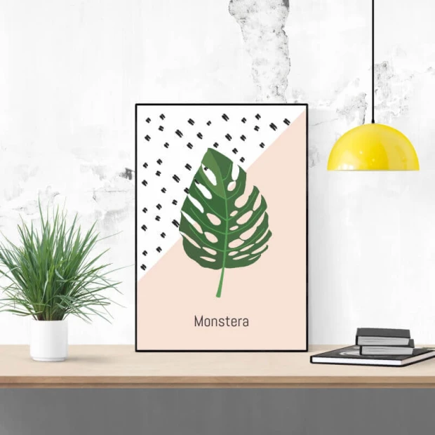 Monstera Poster 115 - Graphic design. Green leaf on pink background with black polka dot pattern.