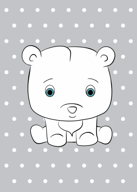 Dog poster 127 - Graphic design featuring a sitting bear with big eyes on a gray background with white dots.