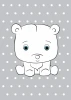 Dog poster 127 - Graphic design featuring a sitting bear with big eyes on a gray background with white dots.