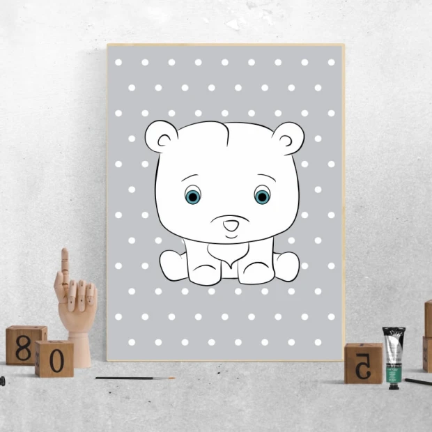 Dog poster 127 - Graphic design featuring a white bear with big eyes on a gray background with white dots.