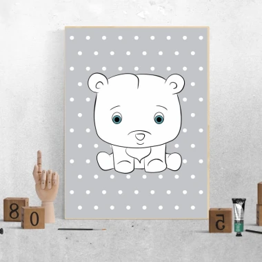 Dog poster 127 - Graphic design featuring a white bear with big eyes on a gray background with white dots.
