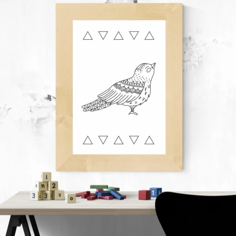 Bird poster 095 - Graphic design featuring a bird with geometric patterns surrounded by triangles.