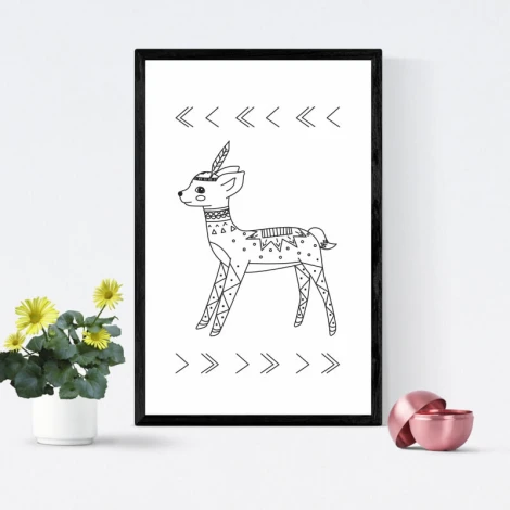 Fawn poster 097 - Graphic design featuring a fawn with geometric patterns and arrows on a white background.