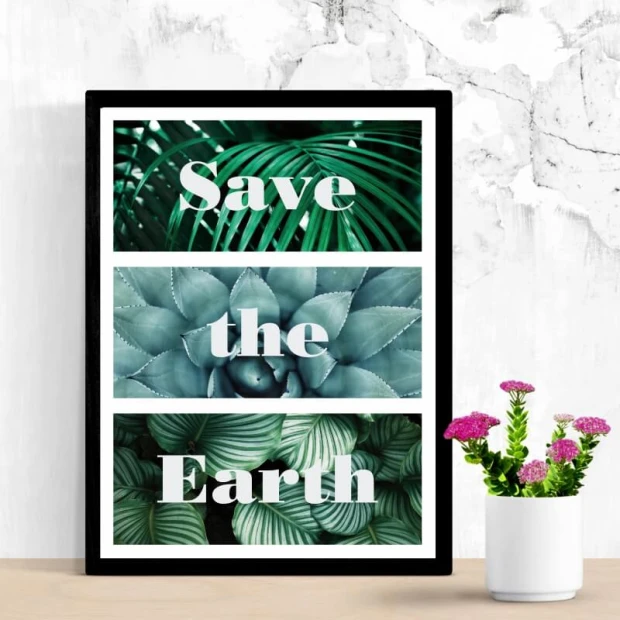 Save the Earth poster 121 - Graphic design with three horizontal sections featuring green plants and the text Save the Earth.