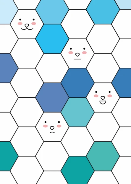 Hexagon poster 130 - Graphic design. Hexagons in shades of blue with smiling and sad faces.