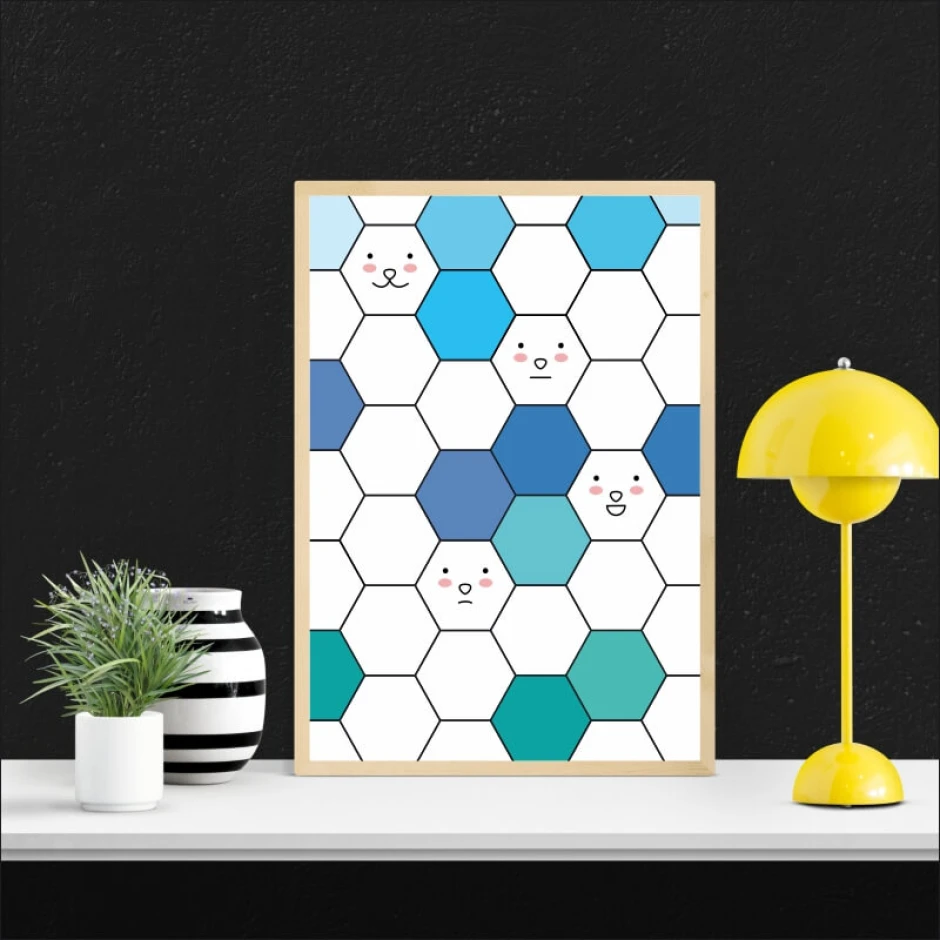 Hexagon Poster 130 - Graphic design featuring hexagons in various shades of blue with faces.