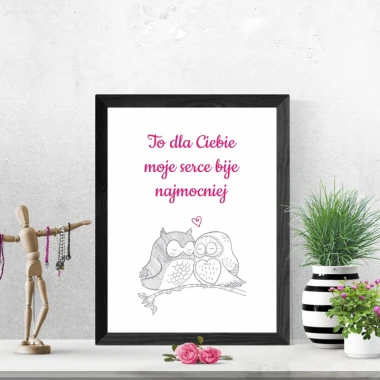 Poster It\'s for You 141 - Graphic design. Two owls on a branch with text in pink color.