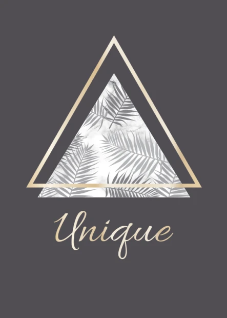 Unique 123 Poster - Graphic design featuring a triangle with leaves, framed in gold on a gray background.