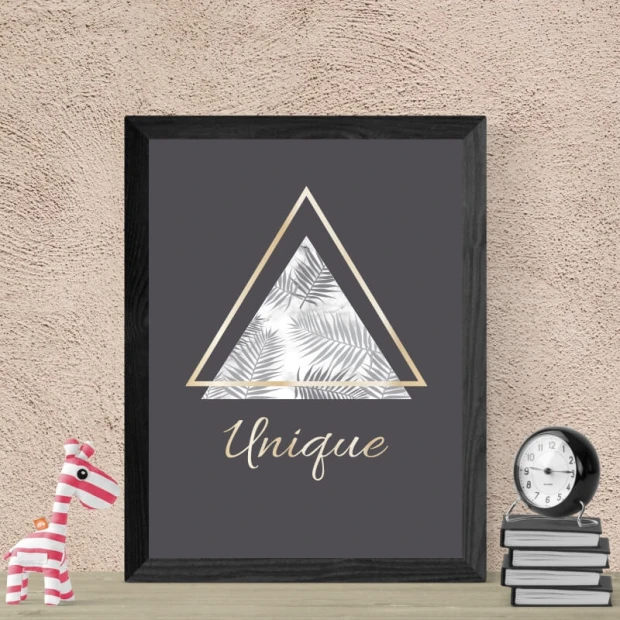 Unique 123 poster - Living room setup with gray walls, minimalist furniture, and geometric shapes.