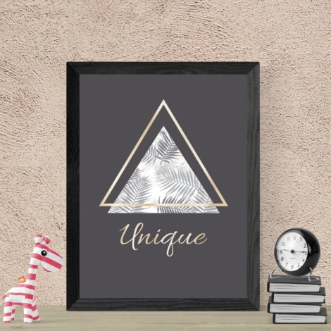 Unique 123 poster - Living room setup with gray walls, minimalist furniture, and geometric shapes.