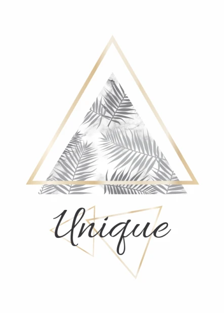 Unique 124 Poster - Graphic design featuring triangular shapes with leaves in shades of gray and gold.