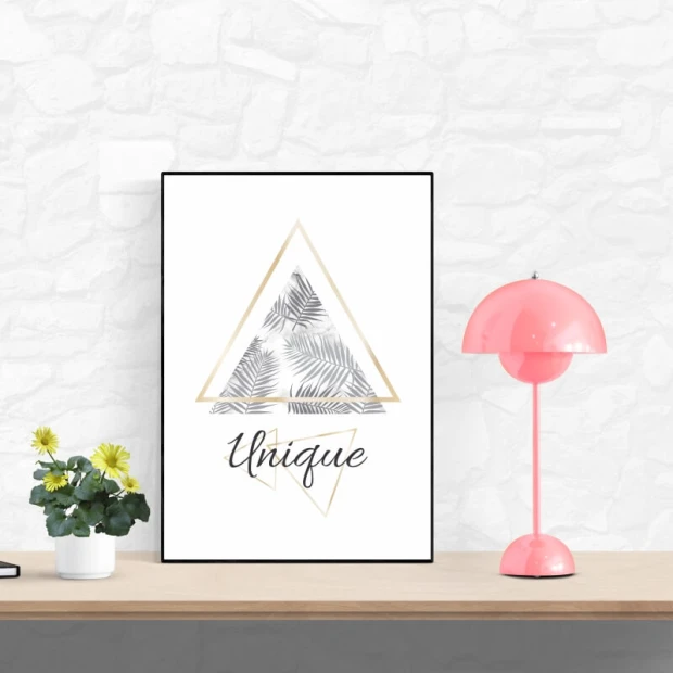 Unique 124 Poster - Living room setup with white walls, wooden furniture, and a modern lamp.
