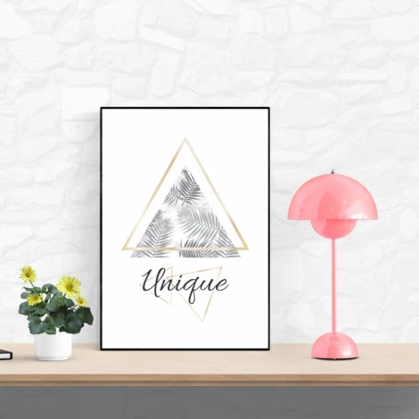 Unique 124 Poster - Living room setup with white walls, wooden furniture, and a modern lamp.