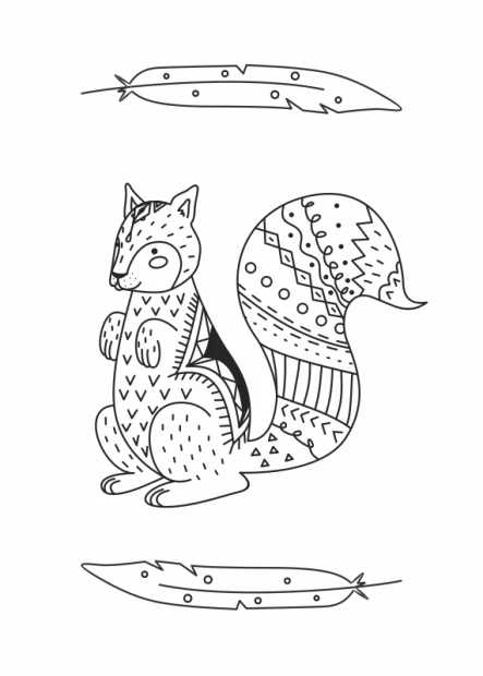 Squirrel poster 096 - Graphic design featuring a squirrel with patterned fur and feathers on the sides.